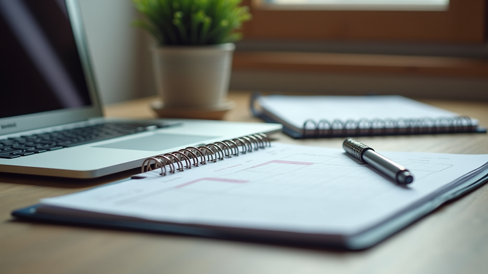 Eye-level view of a professional workspace with a laptop and planner