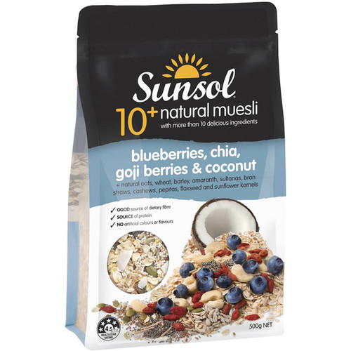 Sunsol Muesli Blueberry Chia Goji Coconut 500g Zula Getz