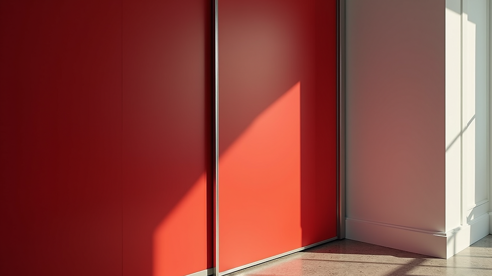 Close-up view of a stylish sliding closet door with a bold red finish