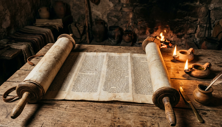 Wide-angle view of an ancient parchment scroll opened beside clay lamps.