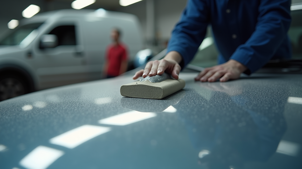 Eye-level view of a clay bar being used on a car hood