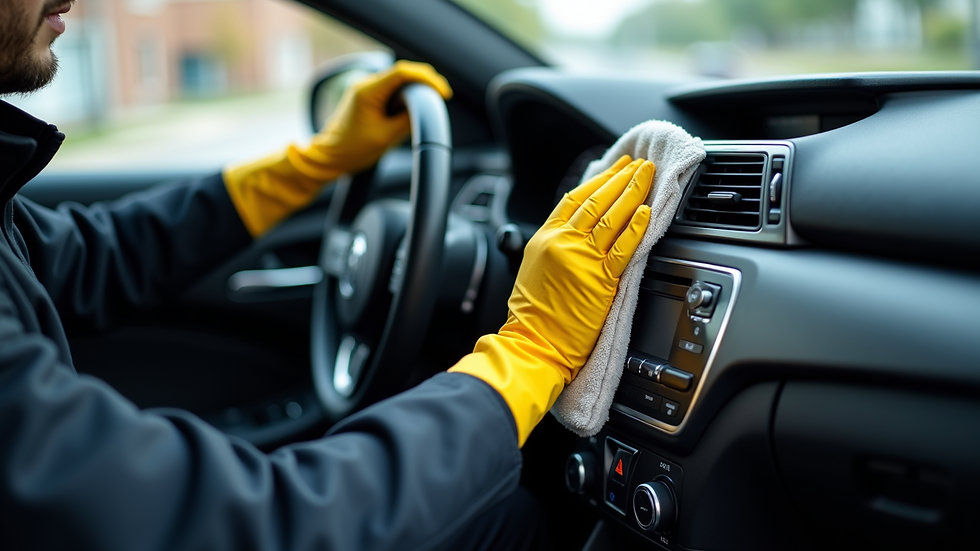 Eye-level view of a professional cleaning the dashboard of a luxury car
