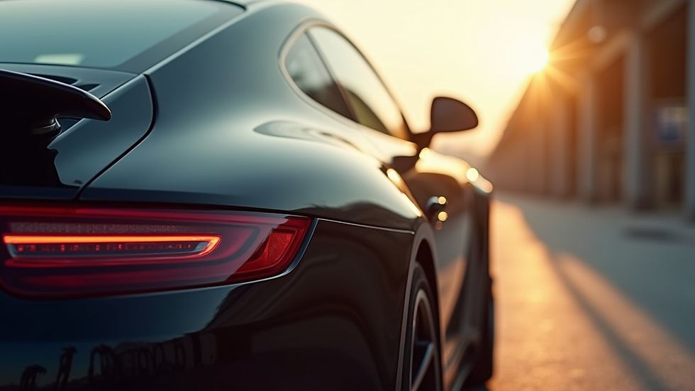 Close-up view of a luxury car’s glossy paint finish reflecting sunlight