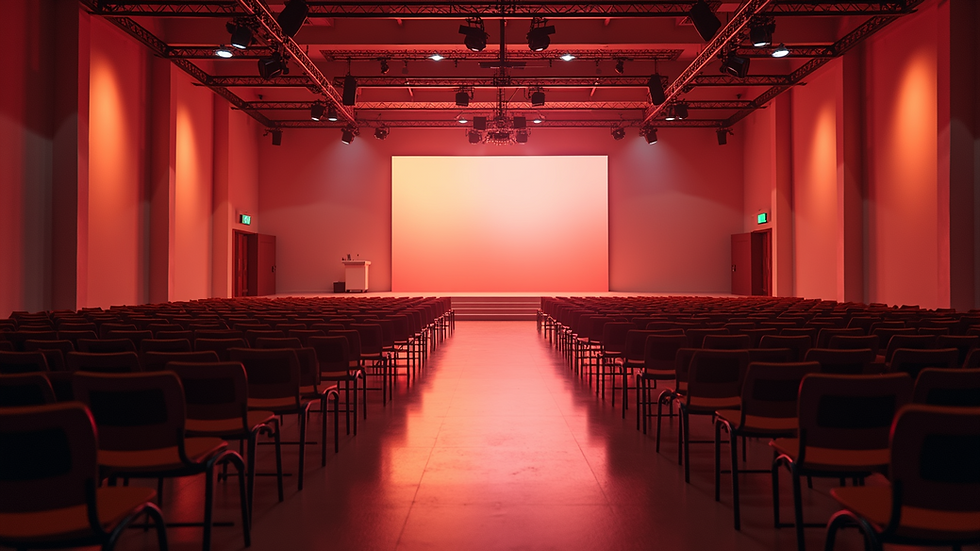 Eye-level view of a spacious event hall with modern lighting and seating