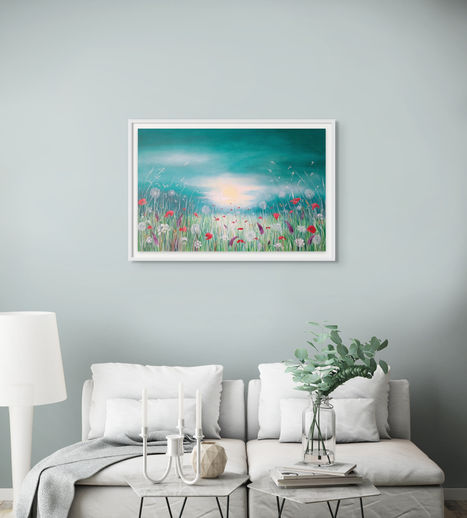 Room View - A beautiful vibrant poppy field with dandelion seed heads and other wildflowers, an original painting by artist Rachel Ryan