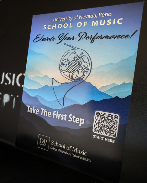 Recruiting Card (front) for the School of Music at the University of Nevada, Reno. "Elevate Your Performance"