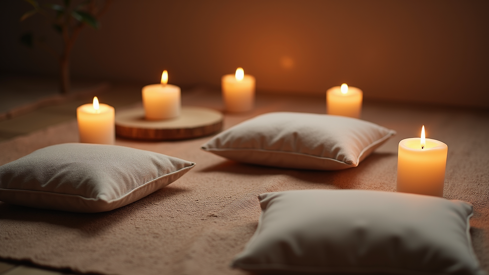 High angle view of a peaceful meditation space with candles and cushions