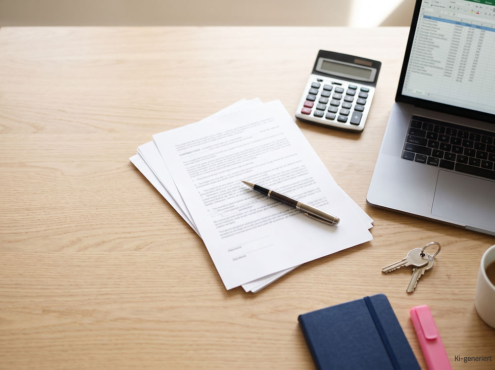 Schreibtisch eines Asset Managers mit Laptop, Taschenrechner, Notizblock und Kugelschreiber, Wohnungsschlüssel, Textmarker