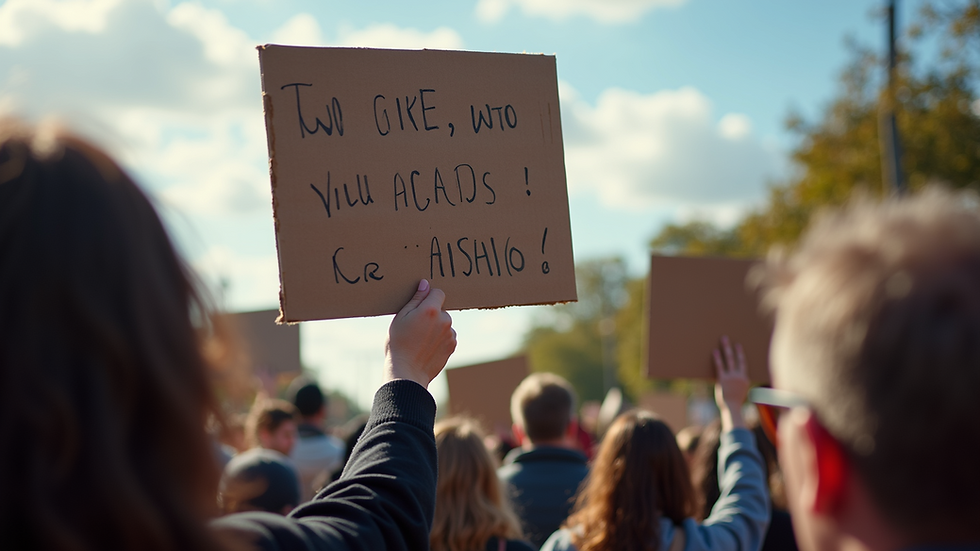 Close-up view of a person holding a sign at a protest rally