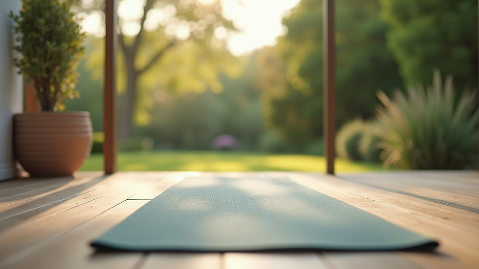 Eye-level view of a serene outdoor space with a yoga mat