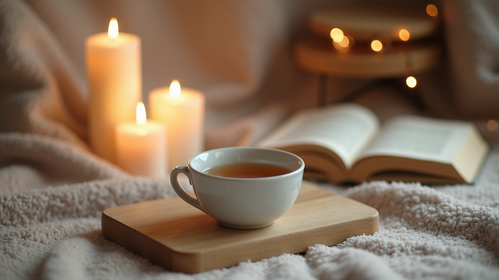 Close-up view of a cozy self-care corner with candles, books, and a cup of tea