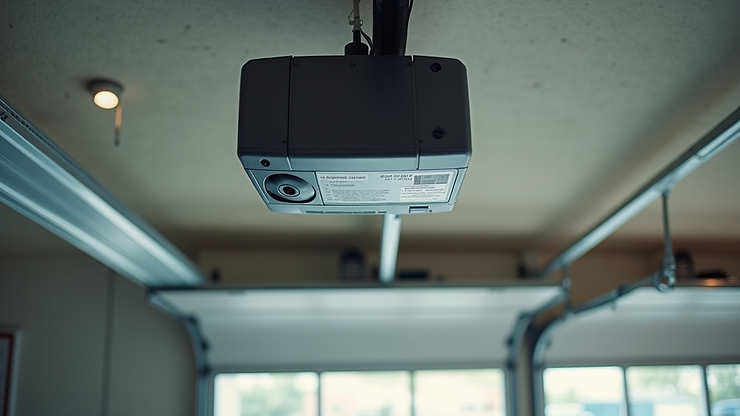 High angle view of a garage door opener motor installed on a ceiling