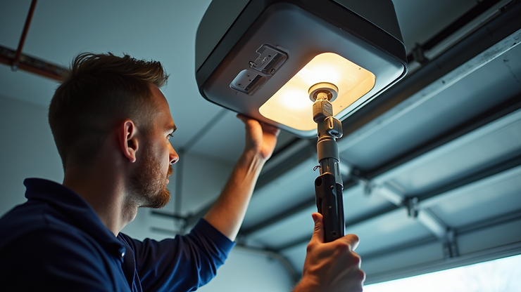 Eye-level view of a technician inspecting a garage door opener