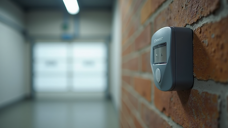 Eye-level view of a garage door sensor mounted on the wall