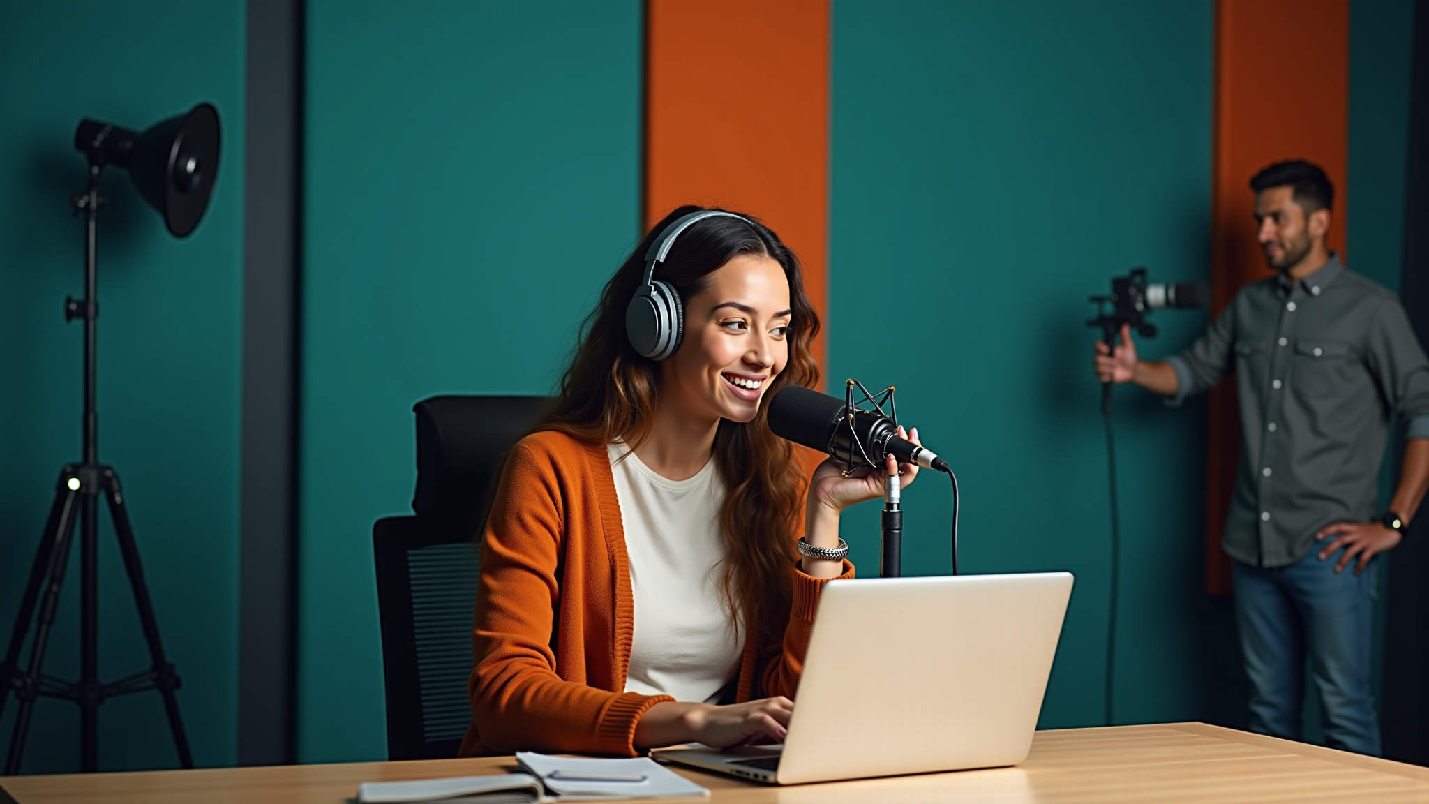 an adult female smiling while recording a podcast