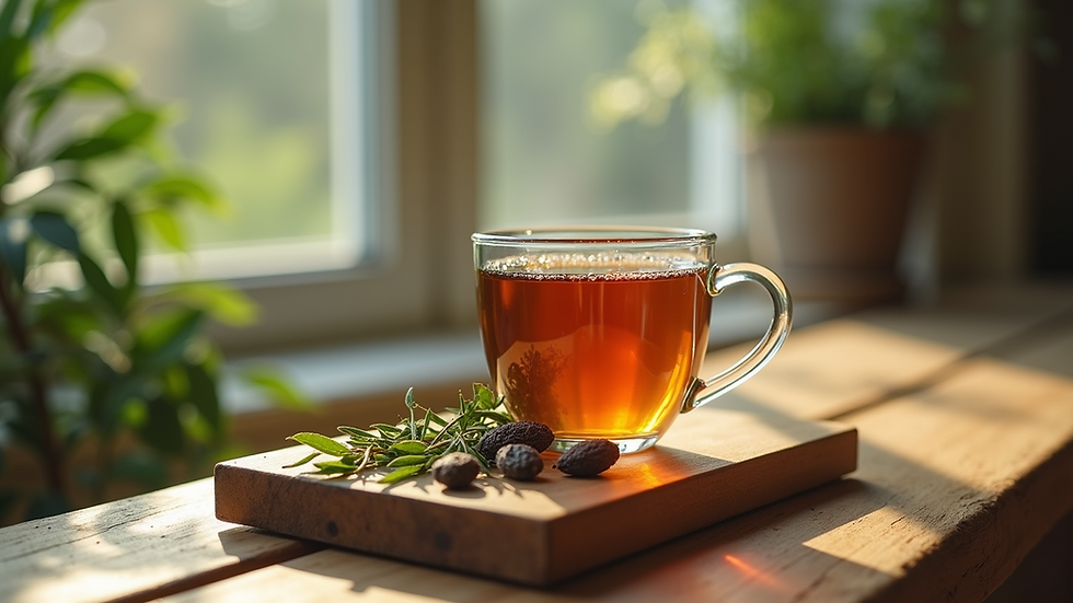 Close-up view of a calming herbal tea setup