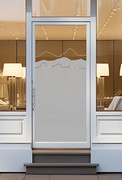 Etched glass design with mountain silhouettes, window film