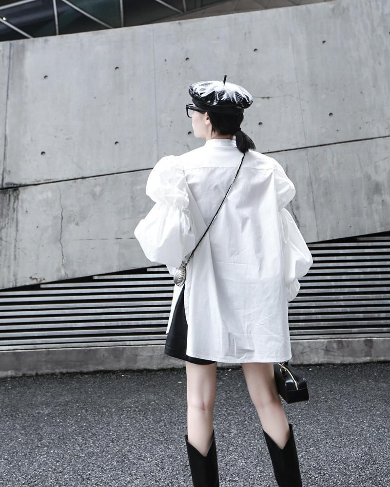 Miniatura: Daoko Pleated Puff Long Sleeve Shirt - White