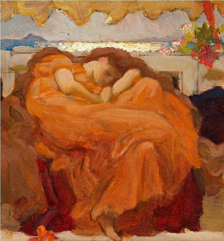 Leighton’s colour sketch for Flaming June, with the reclining figure and orange fabric broadly painted.