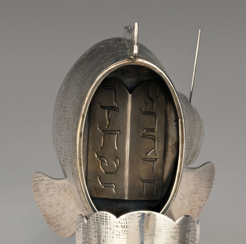 Open fish-shaped container viewed from above, showing Hebrew letters inside its hinged head.