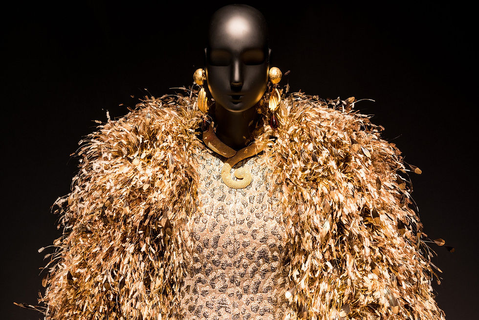 Detail of a textured couture garment illuminated against the dark gallery background.