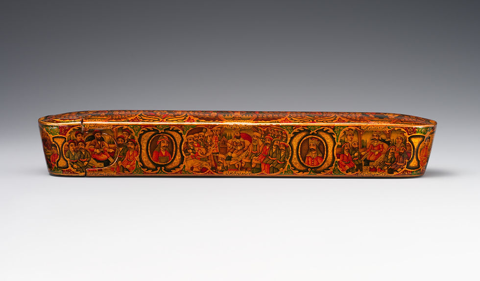 Long side of the closed imperial penbox with red-and-gold borders and painted court scenes.