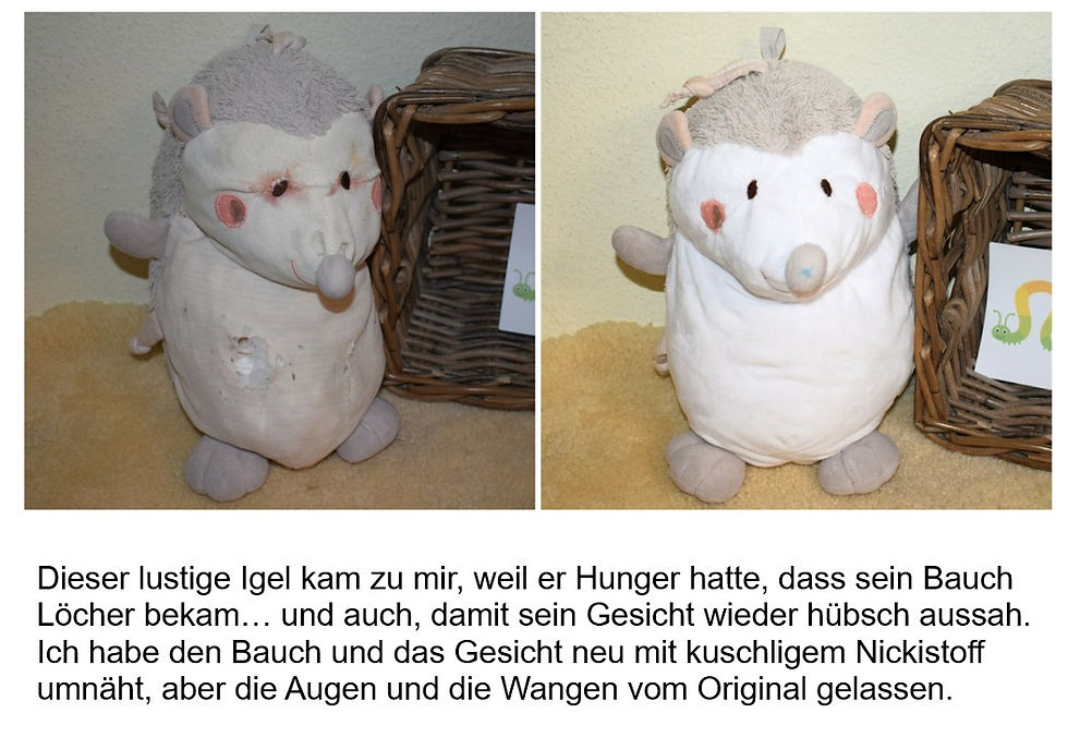 Bei dieser Kuscheltier-Reparatur brauchte ich viel kuschligen Nicki-Plüsch, damit der Igel wieder hübsch aussieht. Jetzt kann wieder mit ihm gekuschelt und Abenteuer erlebt werden!