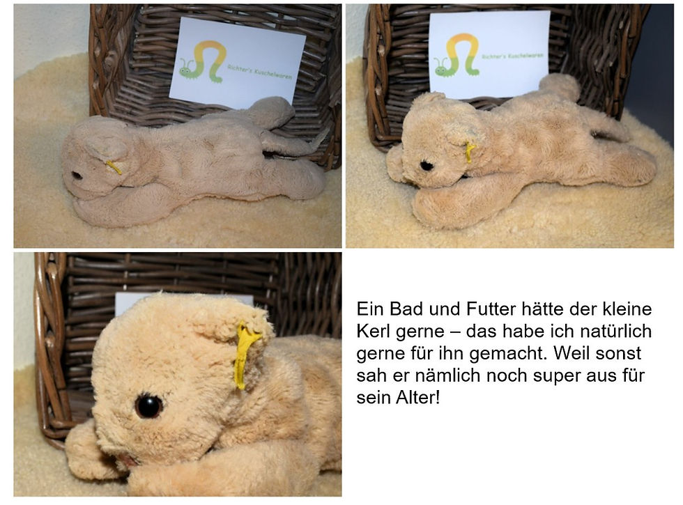 Ein altes Kuscheltier muss nicht unbedingt auch so aussehen! Aber ein wenig Hunger hatte der kleine Kerl und ein Bad hat er sich gewünscht - hab ich gern gemacht 😊