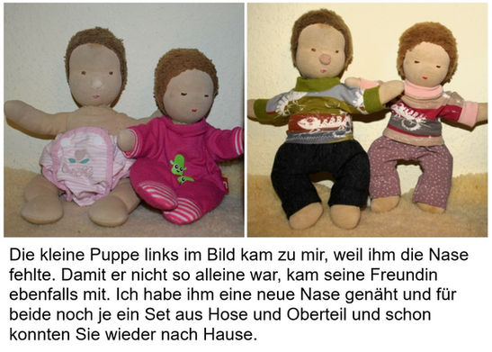Was so eine Nase ausmachen kann! Ich habe mir bei dieser süssen Puppe vorgestellt, dass das Kind immer seine Nase an die Nase der Puppe gehalten hat und "gnäselet" hat - weisst du wie ich meine? Finde das voll schön! Und jetzt mit neuer Nase geht das wieder!