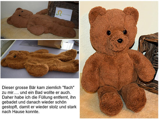 Dieser grosse Teddy kam zu mir und war seeeeehr hungrig! Und ein Bad wollte er auch (ich nehme die Füllung immer raus, weil dann trocknet das Kuscheltier schneller). Jetzt kann der Teddy wieder sitzen und sieht wieder was