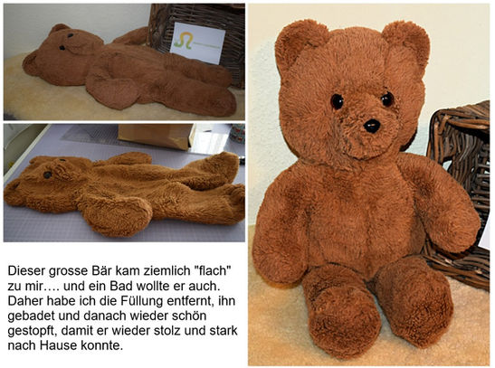 Dieser grosse Teddy kam zu mir und war seeeeehr hungrig! Und ein Bad wollte er auch (ich nehme die Füllung immer raus, weil dann trocknet das Kuscheltier schneller). Jetzt kann der Teddy wieder sitzen und sieht wieder was