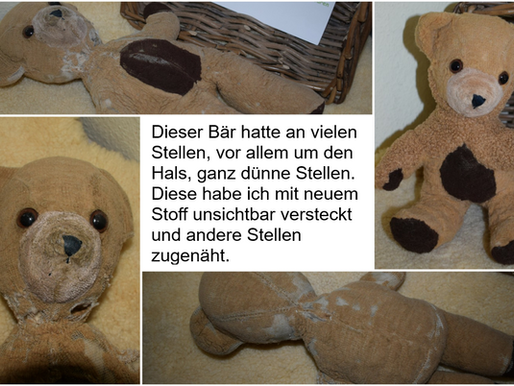 Dieser kleine Bär kam ein wenig traurig zu mir... Hunger hatte er, ein Bad wäre auch noch schön und um den Hals bitte wieder Fell - das habe ich doch gern gemacht! Ich finde, er sieht doch wieder richtig glücklich aus, oder?