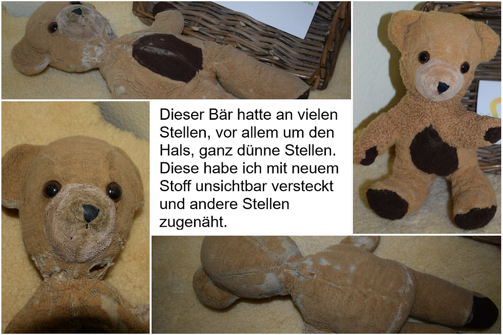 Dieser kleine Bär kam ein wenig traurig zu mir... Hunger hatte er, ein Bad wäre auch noch schön und um den Hals bitte wieder Fell - das habe ich doch gern gemacht! Ich finde, er sieht doch wieder richtig glücklich aus, oder?