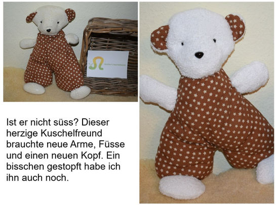Weisser Frottee-Stoff, ein bisschen Zeit und schon sieht der hübsche Freund hier wieder aus wie neu (übrigens durfte ich ihm schon vor einiger Zeit den braunen Stoff annähen, jetzt war der weisse Stoff dran)