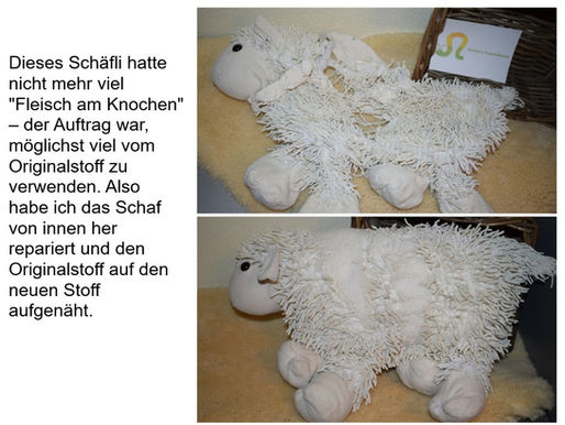 Durch dieses Kuscheltier konnte ich hindurch sehen! Das habe ich wirklich noch nicht oft gehabt! Aber mit ein wenig Geschick, ein bisschen Fellstoff und gutem Zureden ist daraus wieder ein hübsches Kuscheltier entstanden, oder?