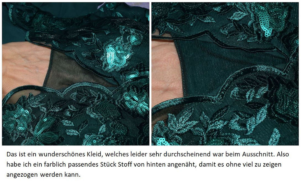 Kleid mit durchscheinendem Ausschnitt wurde professionell mit Stoff unterlegt, damit der Teil nicht mehr durchscheinend ist