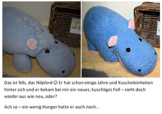Kuscheltier Nilpferd, welches Richters Kuschelwaren von Hand neu benäht hat, damit es wieder hübsch aussieht.