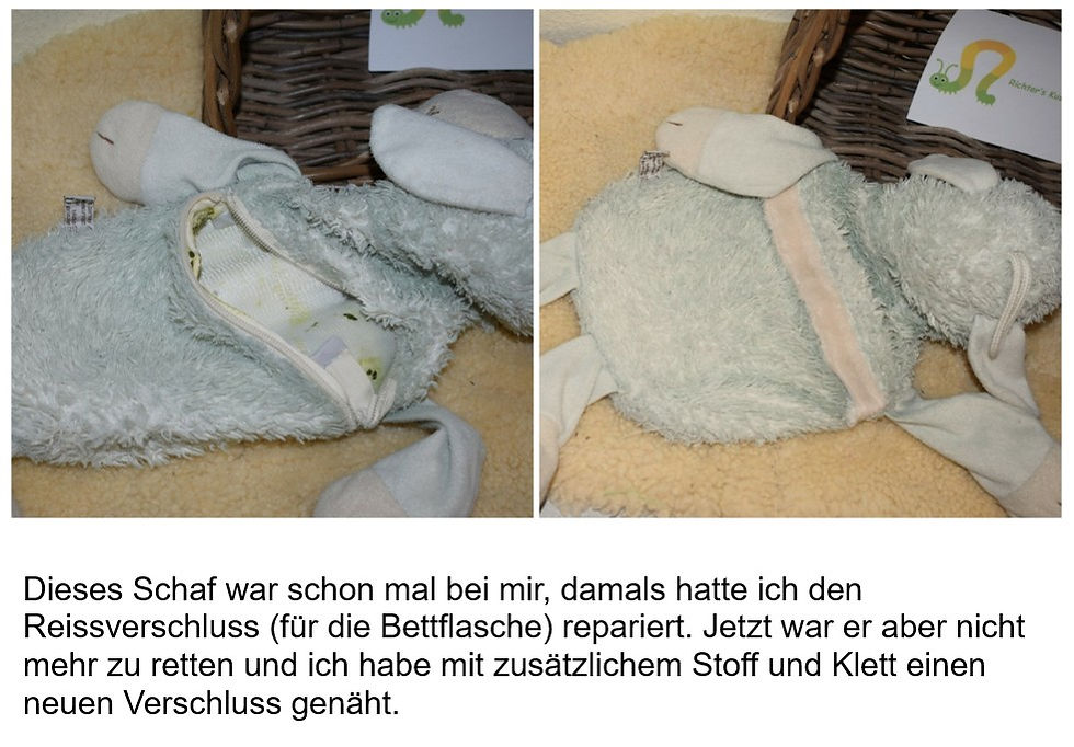 Manchmal kommen die Kuscheltiere mehr als einmal zu mir... hier habe ich nun, da der Reissverschluss zum 2. Mal defekt war, einen Klett eingenäht.