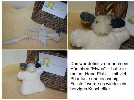 So etwas Kleines hatte ich glaube ich noch nie... ein Häufchen war das! Aber mit ein bisschen Fellstoff, viel Phantasie und nähen von Hand sieht das Kleine doch wieder richtig hübsch aus, oder?