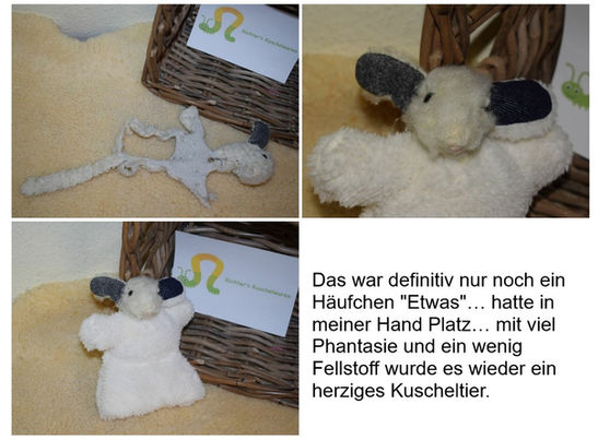 So etwas Kleines hatte ich glaube ich noch nie... ein Häufchen war das! Aber mit ein bisschen Fellstoff, viel Phantasie und nähen von Hand sieht das Kleine doch wieder richtig hübsch aus, oder?