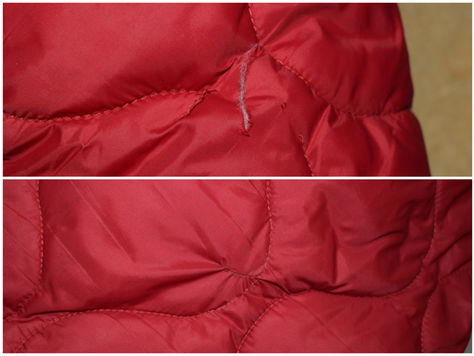 Diese Daunenjacke hate einen kleinen, feinen Riss. Diesen Riss habe ich von Hand zugenäht und danach die Deko-Naht wieder nachgenäht, sodass man fast nichts mehr sieht.