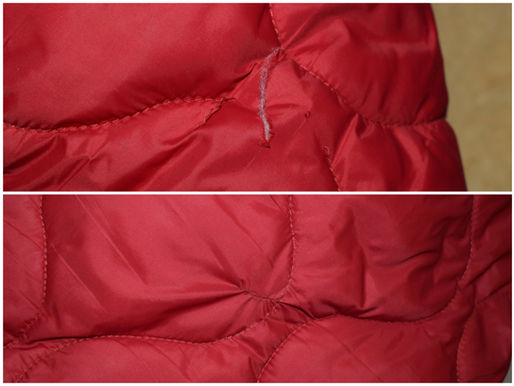 Diese Daunenjacke hate einen kleinen, feinen Riss. Diesen Riss habe ich von Hand zugenäht und danach die Deko-Naht wieder nachgenäht, sodass man fast nichts mehr sieht.