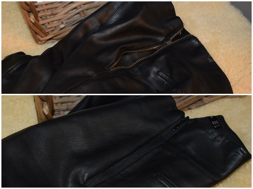 Bei dieser Kunstleder-Hose war der Reissverschluss (oben) defekt. Daher habe ich ihn rausgetrennt und einen neuen nahtverdeckten Reissverschluss eingenäht, damit die Hose noch eine Weile getragen werden kann. 