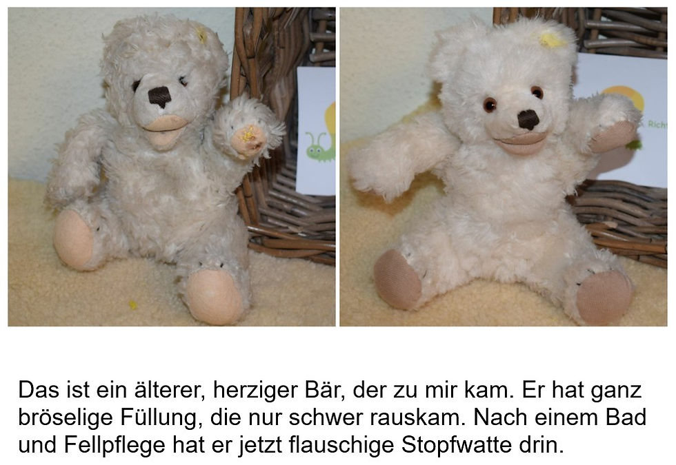 Dieser kleine Bär hatte nicht nur ein Bad bekommen, sonder ich habe ihm per Hand auch noch neue Fuss- und Hand-Unterseiten genäht sowie den Mund neu genäht. Mit den neuen Augen sieht er auch wieder was.  Und alle anderen sehen, wie hübsch er geworden ist! 😉