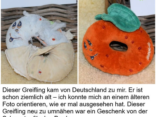 Kuscheltier - oder Kuschelerdbeere? - das war eine kleine Herausforderung, da ich das Original-Gesicht erhalten wollte sowie auch der Schriftzug hinten. Die Punkte habe ich von Hand draufgestickt.