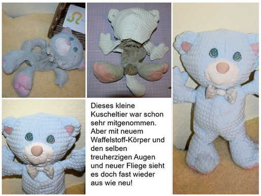 Da war ziemlich viel Zeit gefragt, damit dieses Kuscheltier wieder hübsch aussieht! Aber das Kuscheltier sieht wieder zufrieden aus und die Kundin ist es auch 😊