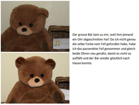 Teddybär hatte ein Ohr abgeschnitten. Daher habe ich beide Ohren neu gemacht, dass es nicht so auffällt.