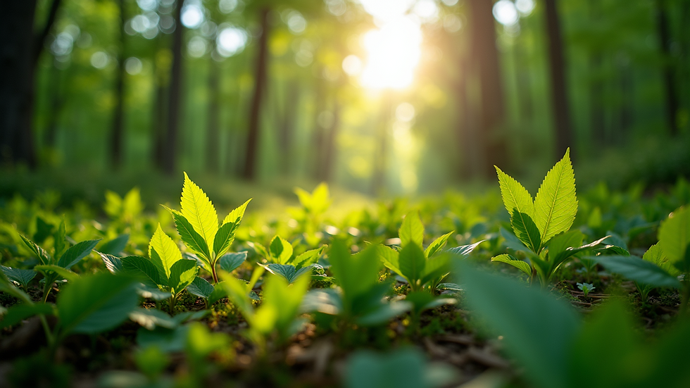 Eye-level view of a lush green forest with sunlight filtering through the leaves