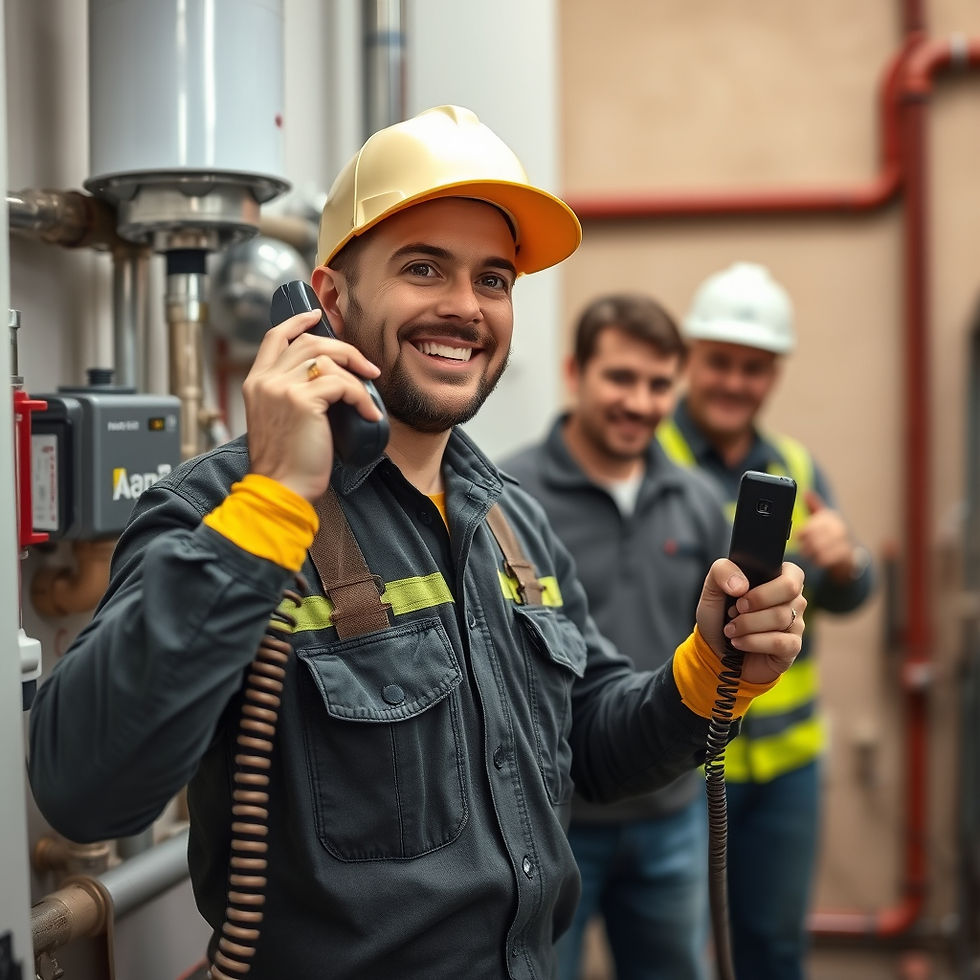 plumbing contractor with phone ringing and a successful team behind him..jpg