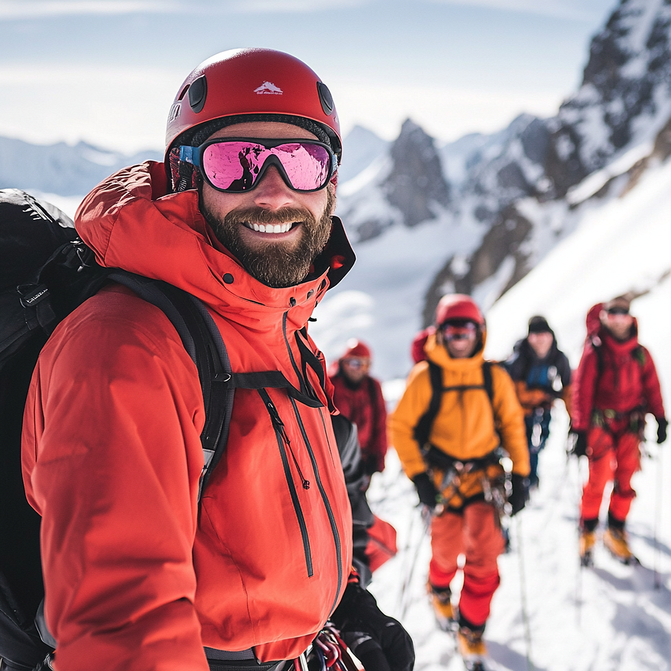 Gruppe von Bergsteigern in Ausrüstung auf Schneetour – Symbol für Teamarbeit, Zielstrebigkeit und strateg-a90d-4c93-8661-cd38
